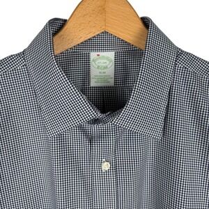 Brooks Brothers Slim Fit Non-Iron Stretch Gingham Dress Shirt Mens 17 34 Navy